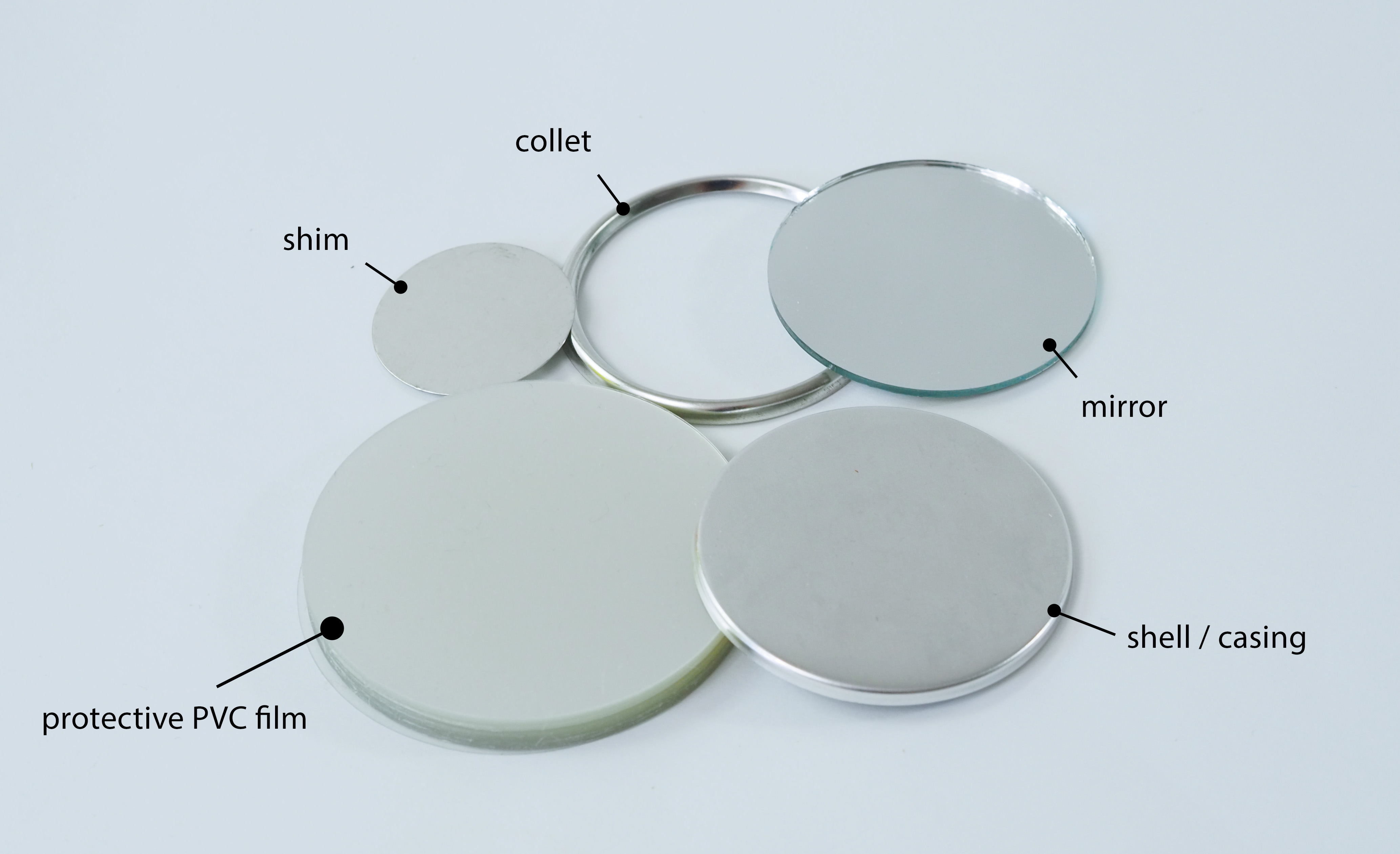 Elements for making badges with a mirror

